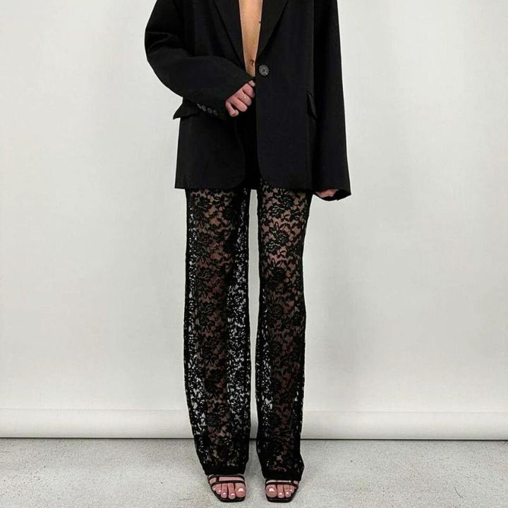 Ava Women's Wide Leg Pants | Sheer Lace Accents, Elegant Design