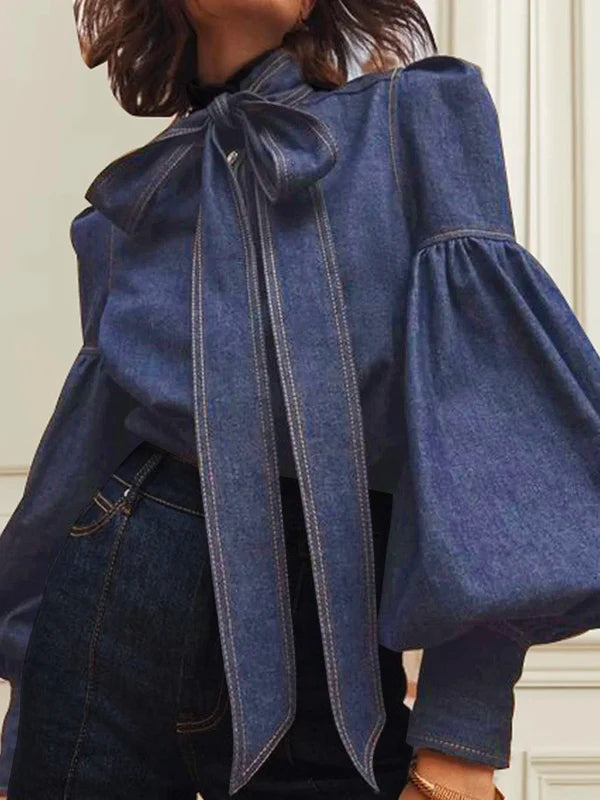 Crisp Women's Denim Blouse | Adjustable Bow Neckline
