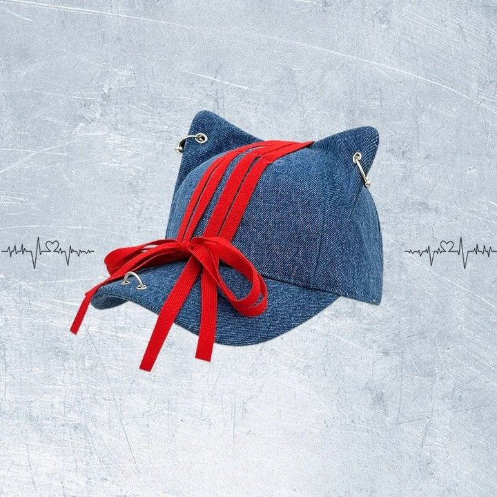 Mewley Unisex Baseball Cap | Distressed Denim with Faux-Fur Cat Ears