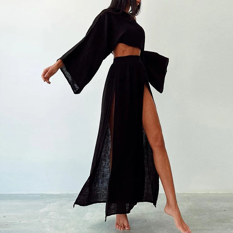 Miora Women's Loungewear Set | Breathable Linen, Flare Sleeve Top & Side-Slit Skirt