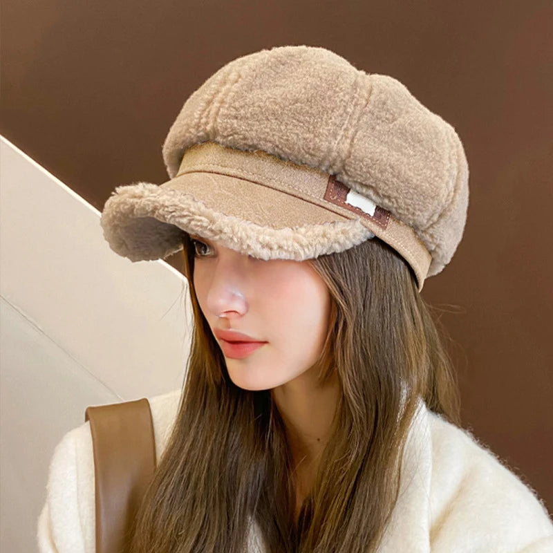 Ava Women's Beret Cap | Soft Lamb Fleece, Chic Duckbill Brim