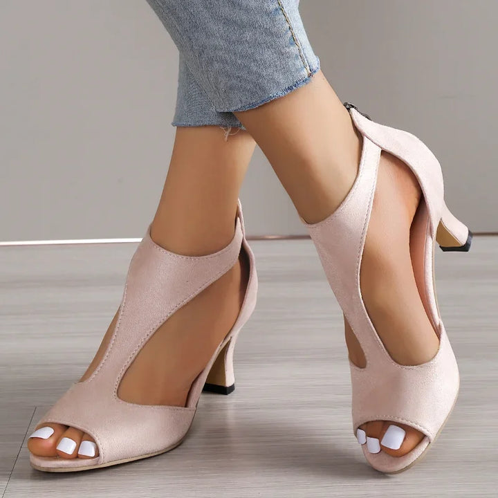 Brushed Leather Fish Mouth Sandals Women's Back Zipper Sexy Solid Color Comfortable High Heel Shoes
