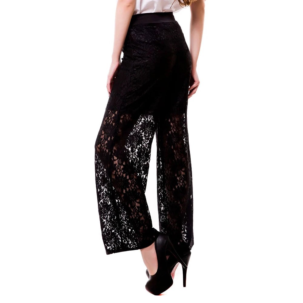 Ava Women's Wide Leg Pants | Sheer Lace Accents, Elegant Design