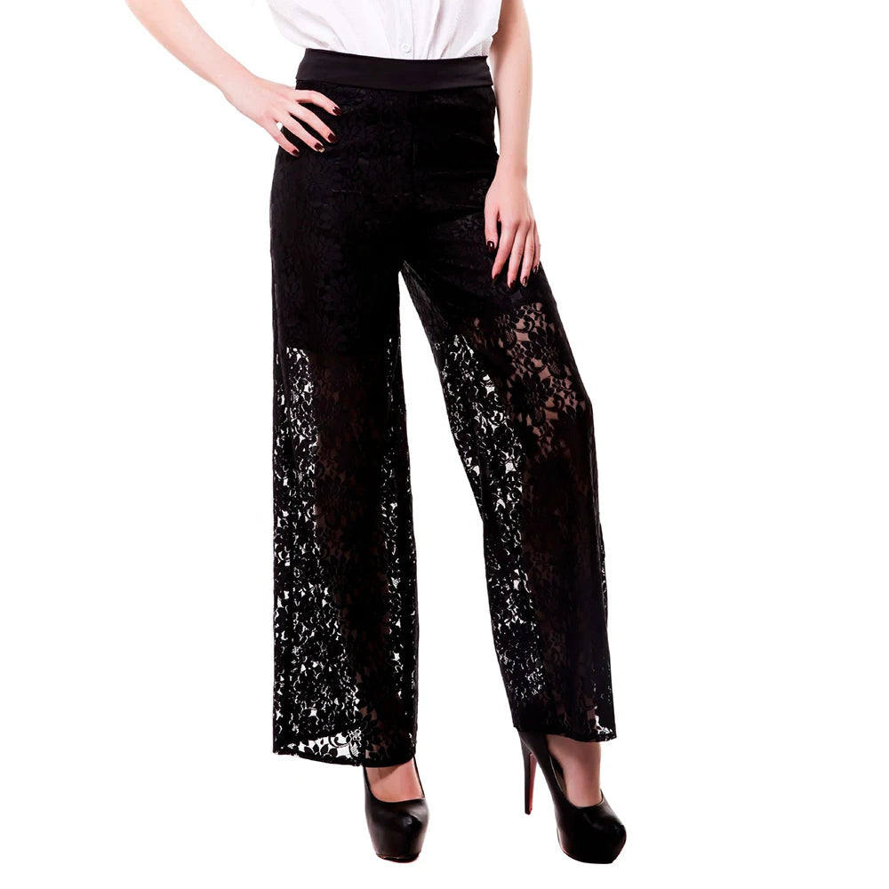 Ava Women's Wide Leg Pants | Sheer Lace Accents, Elegant Design