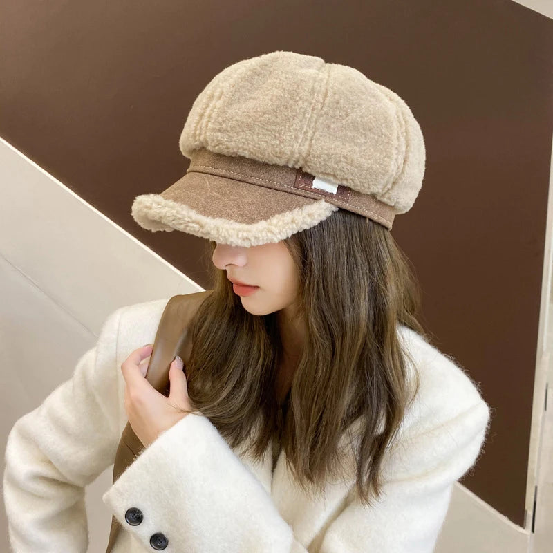 Ava Women's Beret Cap | Soft Lamb Fleece, Chic Duckbill Brim
