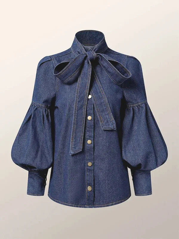 Crisp Women's Denim Blouse | Adjustable Bow Neckline