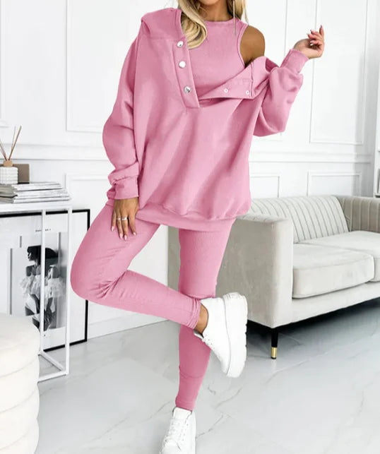 Women's 3 Piece Sports & Leisure Set | Hooded Sweatshirt, Thickened Slim Fit Vest & Pants Streetwear Suit