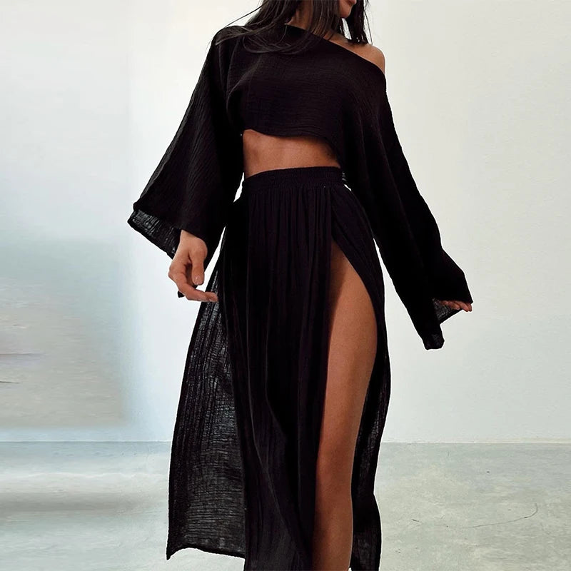 Miora Women's Loungewear Set | Breathable Linen, Flare Sleeve Top & Side-Slit Skirt