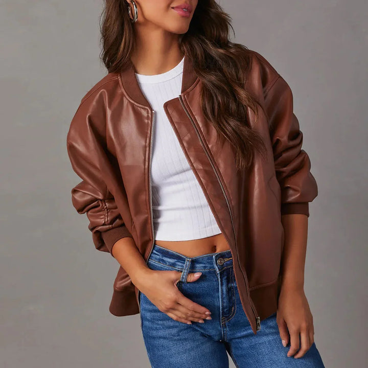 Nora Women's Leather Jacket | Premium PU, Modern Band Collar