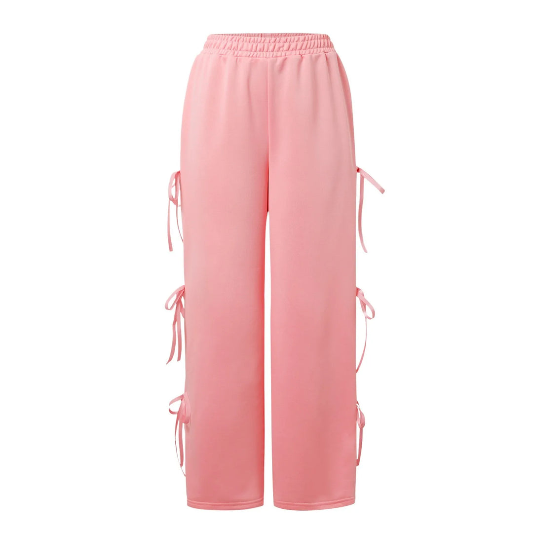 Chic Women's Casual Jogger Pants Fashion Elastic Waist Contrasting Color Straight White Sports Pants With Bow Tie