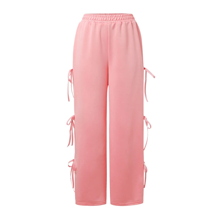 Chic Women's Casual Jogger Pants Fashion Elastic Waist Contrasting Color Straight White Sports Pants With Bow Tie