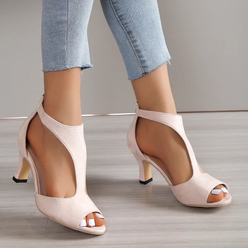 Brushed Leather Fish Mouth Sandals Women's Back Zipper Sexy Solid Color Comfortable High Heel Shoes