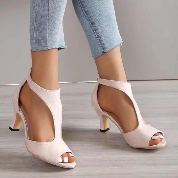 Brushed Leather Fish Mouth Sandals Women's Back Zipper Sexy Solid Color Comfortable High Heel Shoes
