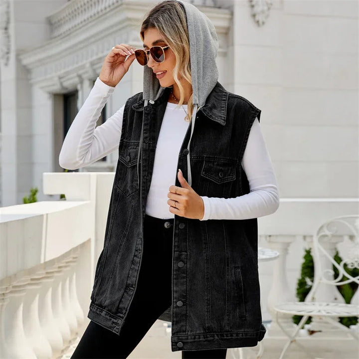 Breezy Women's Cardigan | Sleeveless Denim with Hood, Casual Fit