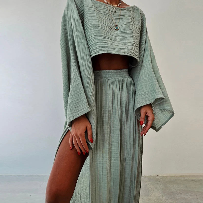 Miora Women's Loungewear Set | Breathable Linen, Flare Sleeve Top & Side-Slit Skirt