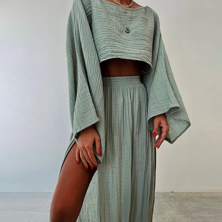 Miora Women's Loungewear Set | Breathable Linen, Flare Sleeve Top & Side-Slit Skirt