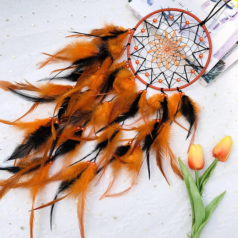 Gina Autumn Dream Catcher | Handwoven Macrame with Colorful Feathers