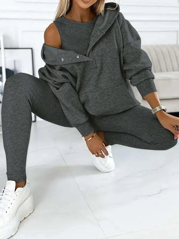 Women's 3 Piece Sports & Leisure Set | Hooded Sweatshirt, Thickened Slim Fit Vest & Pants Streetwear Suit