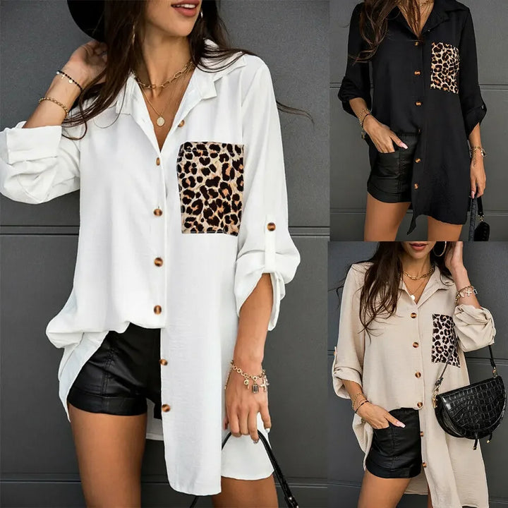 Loose-Fit Leopard Print Women's Shirt Medium-Length Casual Style Roll-Up Sleeves Button-Up Top