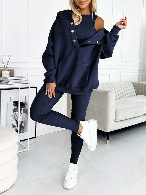 Women's 3 Piece Sports & Leisure Set | Hooded Sweatshirt, Thickened Slim Fit Vest & Pants Streetwear Suit