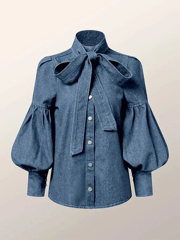 Crisp Women's Denim Blouse | Adjustable Bow Neckline