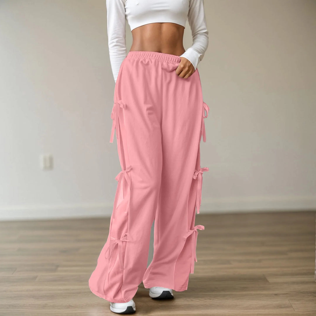 Chic Women's Casual Jogger Pants Fashion Elastic Waist Contrasting Color Straight White Sports Pants With Bow Tie