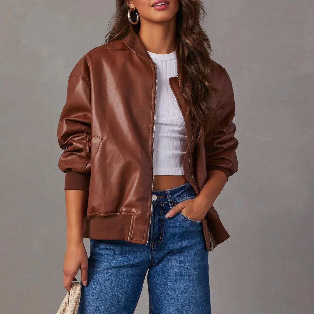 Nora Women's Leather Jacket | Premium PU, Modern Band Collar