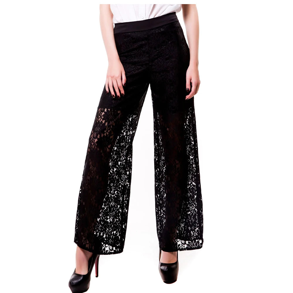 Ava Women's Wide Leg Pants | Sheer Lace Accents, Elegant Design