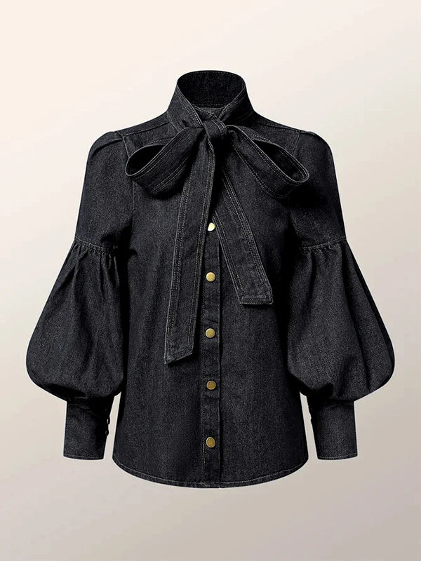 Crisp Women's Denim Blouse | Adjustable Bow Neckline