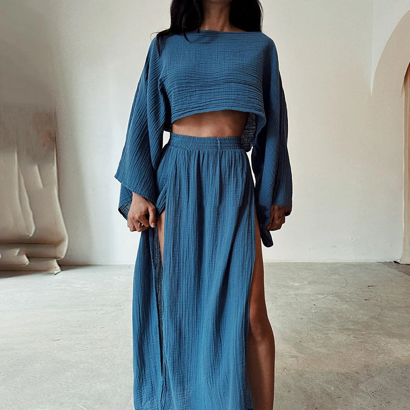 Miora Women's Loungewear Set | Breathable Linen, Flare Sleeve Top & Side-Slit Skirt