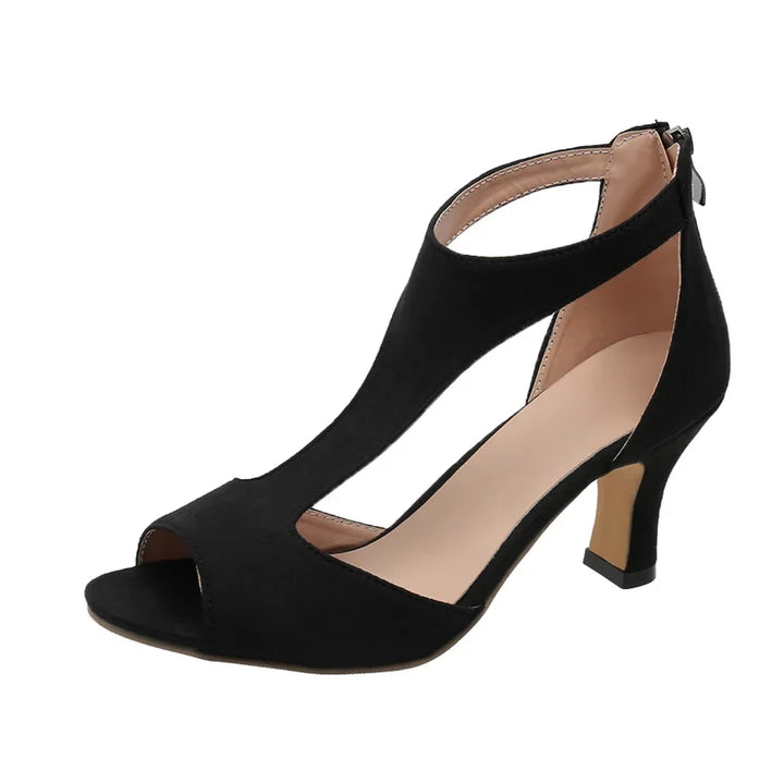Brushed Leather Fish Mouth Sandals Women's Back Zipper Sexy Solid Color Comfortable High Heel Shoes