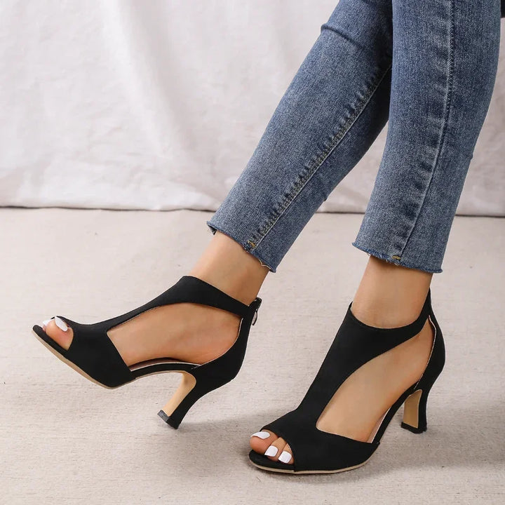 Brushed Leather Fish Mouth Sandals Women's Back Zipper Sexy Solid Color Comfortable High Heel Shoes