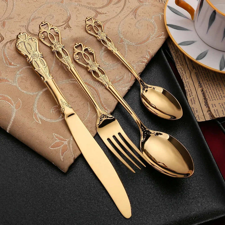 Gleaming Stainless Steel Dining Set | Elegant Gold Accents, Timeless Design