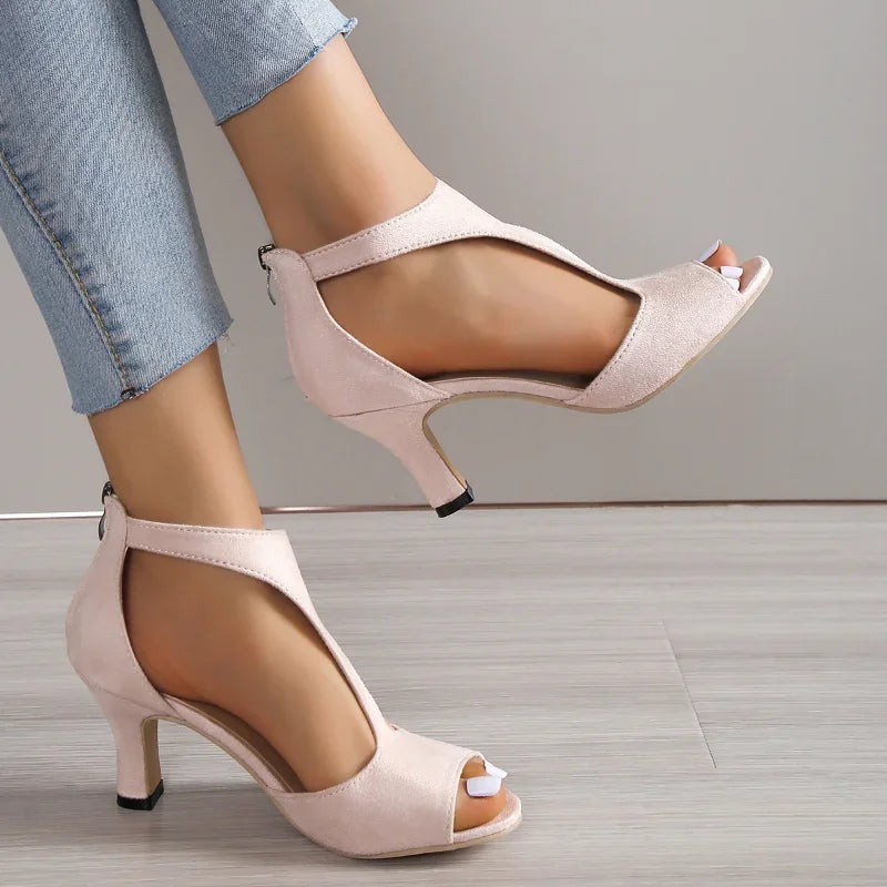Brushed Leather Fish Mouth Sandals Women's Back Zipper Sexy Solid Color Comfortable High Heel Shoes