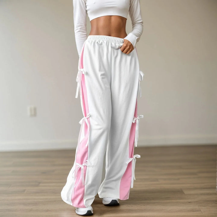 Chic Women's Casual Jogger Pants Fashion Elastic Waist Contrasting Color Straight White Sports Pants With Bow Tie