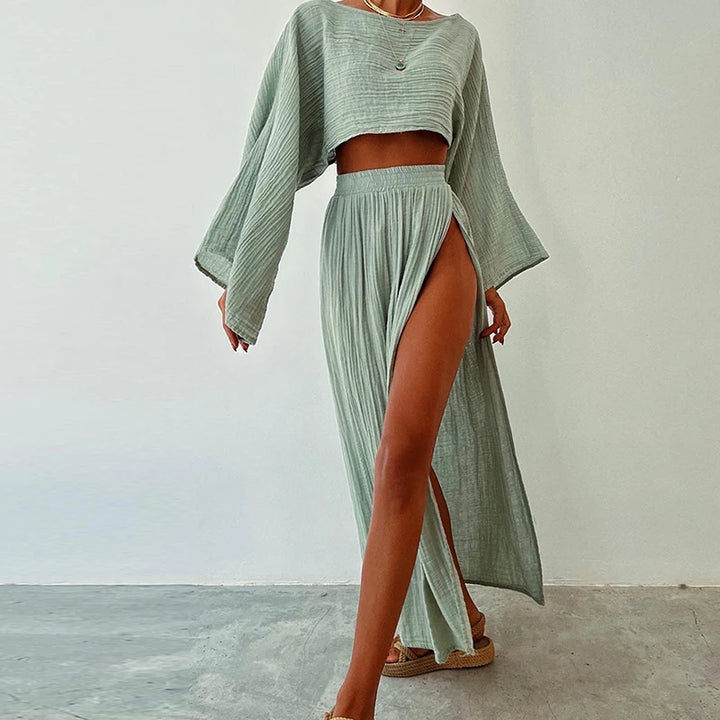 Miora Women's Loungewear Set | Breathable Linen, Flare Sleeve Top & Side-Slit Skirt