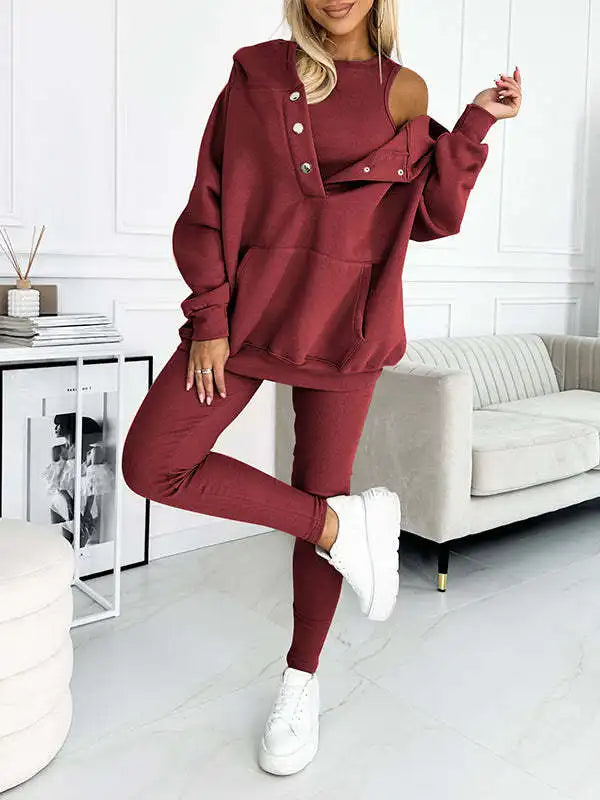 Women's 3 Piece Sports & Leisure Set | Hooded Sweatshirt, Thickened Slim Fit Vest & Pants Streetwear Suit