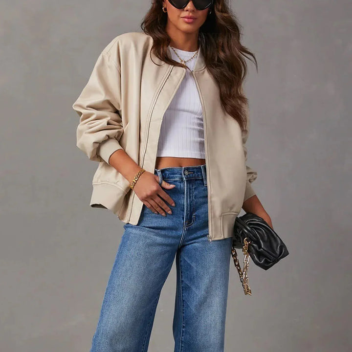Nora Women's Leather Jacket | Premium PU, Modern Band Collar