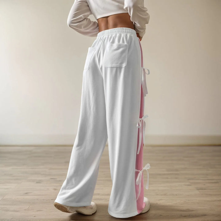 Chic Women's Casual Jogger Pants Fashion Elastic Waist Contrasting Color Straight White Sports Pants With Bow Tie