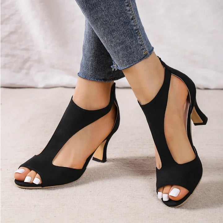 Brushed Leather Fish Mouth Sandals Women's Back Zipper Sexy Solid Color Comfortable High Heel Shoes